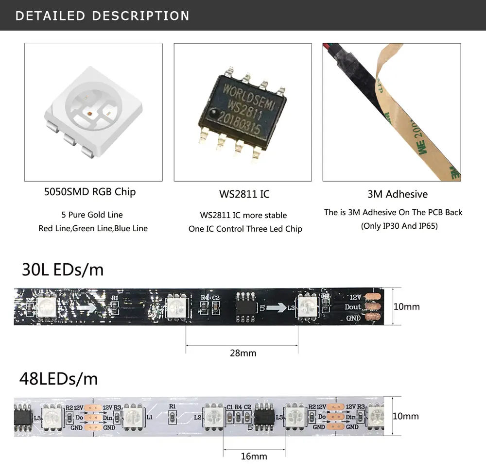 1 м 2 м 3 м 4 м 5 м WS2811 5050 SMD RGB светодиодные ленты адресуемый 30/48/60 светодиодов/m чёрно-белые печатные платы 1 Ic Управление 3 светодиода DC12V