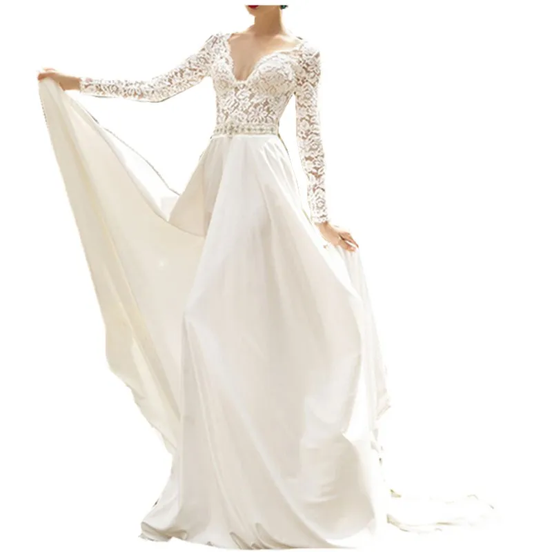 Свадебное платье с v-образным вырезом и длинными рукавами на заказ, новинка года, длинное свадебное платье на молнии, украшенное кристаллами и бисером