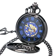 2018 Xmas Gift Classic Steampunk Pocket Watch Roman Numbers Dial Mechanical Skeleton Steel Mens watch hand winding Black Windup
