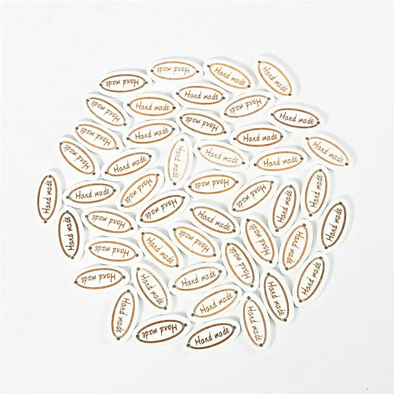 50/100pcs Handmade Oval Square Natural Wooden Button "Hand Made" Tags Applique for DIY Sewing Clothes Crafts Scrapbooking - Цвет: 12mm x 26mm