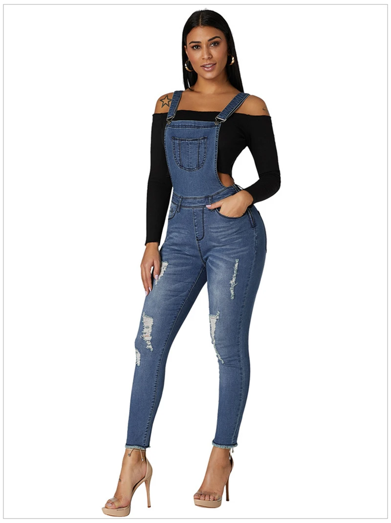 Модные рваные Высокая Талия джинсовый комбинезон для Для женщин Элегантный женский Высокая Rise Distressed Jeans комбинезон большого размера