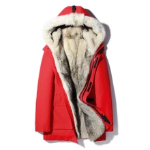 Новинка, зимнее теплое пальто из волчьего меха, парка, меховое пальто с капюшоном, длинное Мужское пальто из натурального меха, теплая верхняя одежда, парка из меха енота, пальто красного цвета