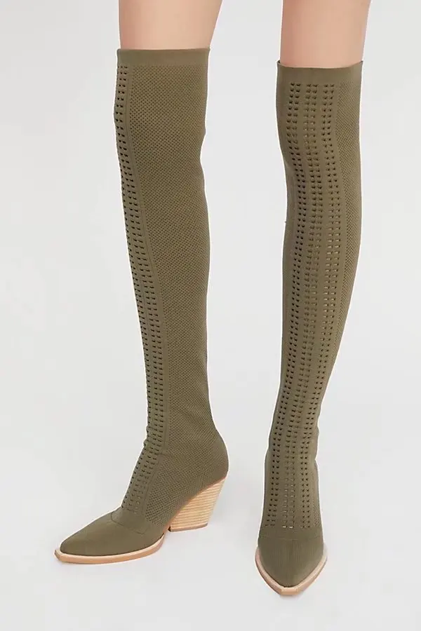 

Spring New Women Army Green/Black Pointed Toe Knitting Cuts Out Hollow Out Slim Over The Knee High Boots Elastic Thigh Boots