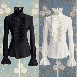 Викторианская Женская Офисная рубашка с высокой горловиной, рюшами и манжетами