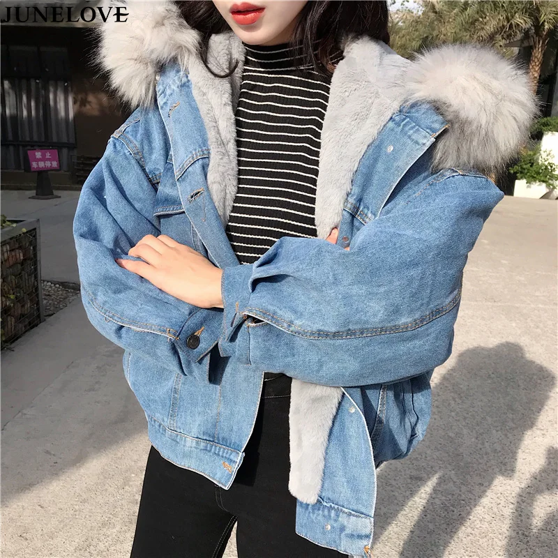 souris Denim Fausse Laine Vestes Chaud D'hiver Collar Collar Surdimensionné white Gray Fourrure Junelove Veste Chauve Manteau Grande Hoodies Jaqueta Femmes Fur Collar Jeans pink Manches Doublure vqEwA7z