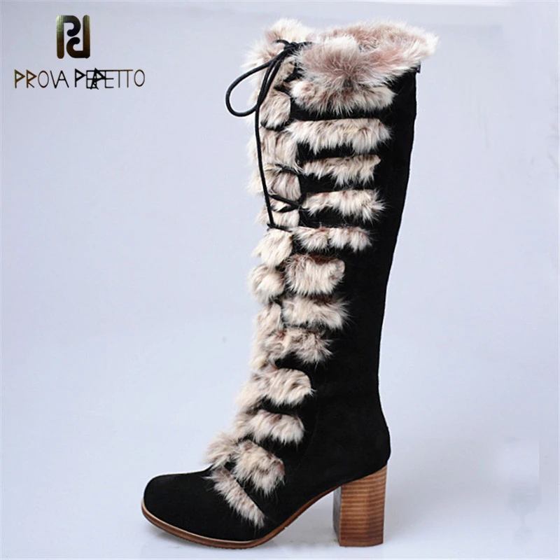 

Prova Perfetto Euramercian Glamorous Genuine Leather With Fur Woman Knee HIgh Boots Fashion Round Toe Chunky High Heel Boots