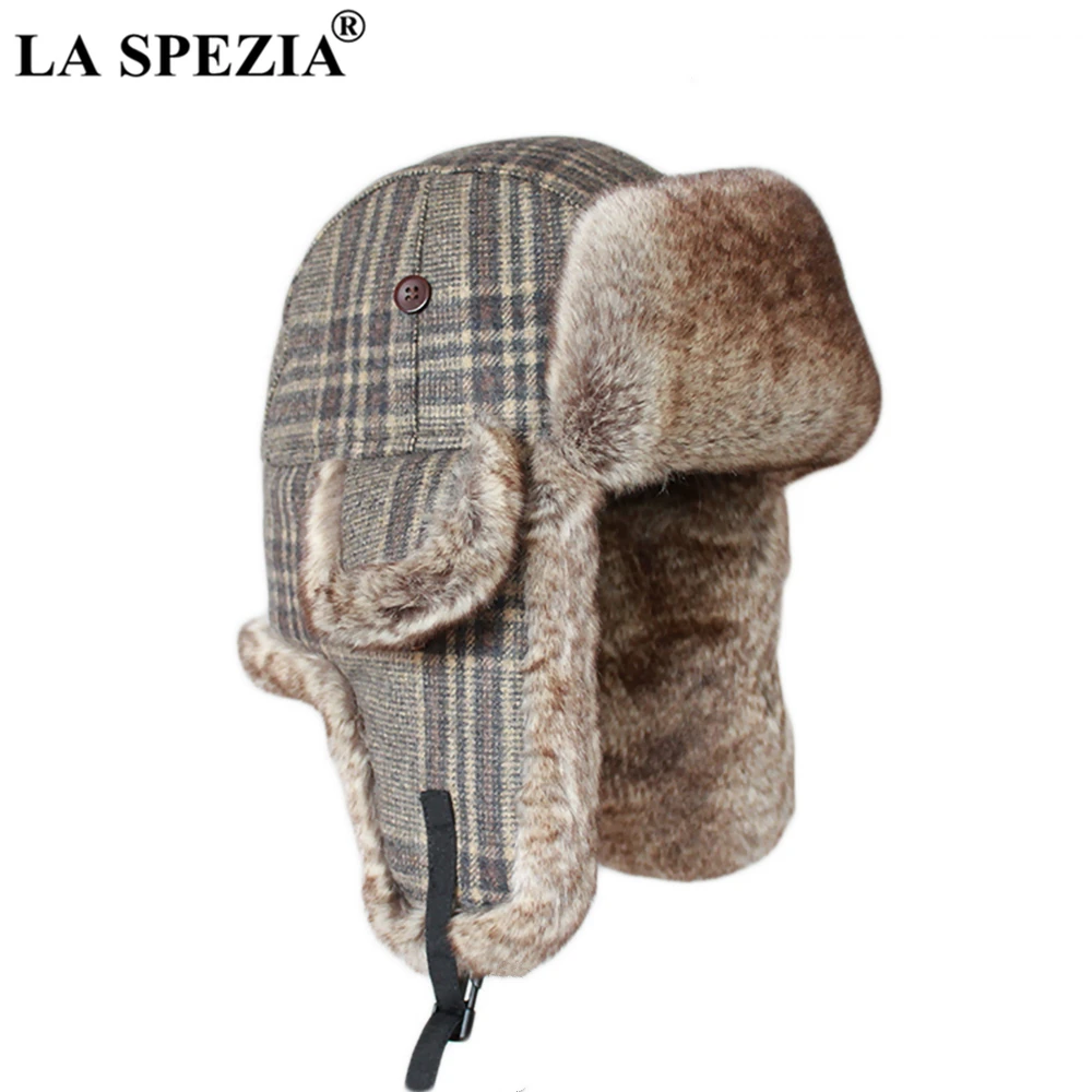 

LA SPEZIA Russian Fur Hat Ushanka Men Women Bomber Hat Ear Flaps Ushanka Soviet Plaid Outdoor Soft Checkered Trapper Pilot Hat