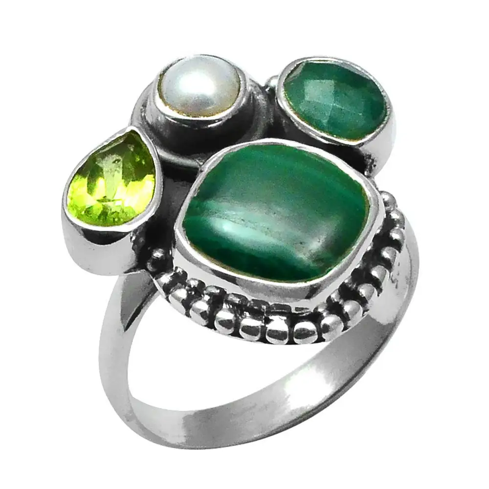 

NiaoZaiFei YunZaiKan Genuine Malachite, Peridot and Pearl Ring 925 Sterling Silver,USA Size :8.5, 2SR0324