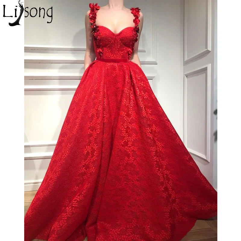 

High Quality Red Lace Evening Dress Long Sweetheart Flowers Spaghetti A Line Prom Dresses Robe de soiree Abendkleider Custom