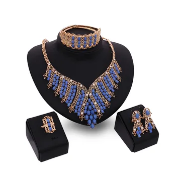 

Vintage Crystal Blue Stone Gem Women Wedding Jewelry Set Dubai Statement Necklace Earrings Bridal Jewelry African Party Gift F