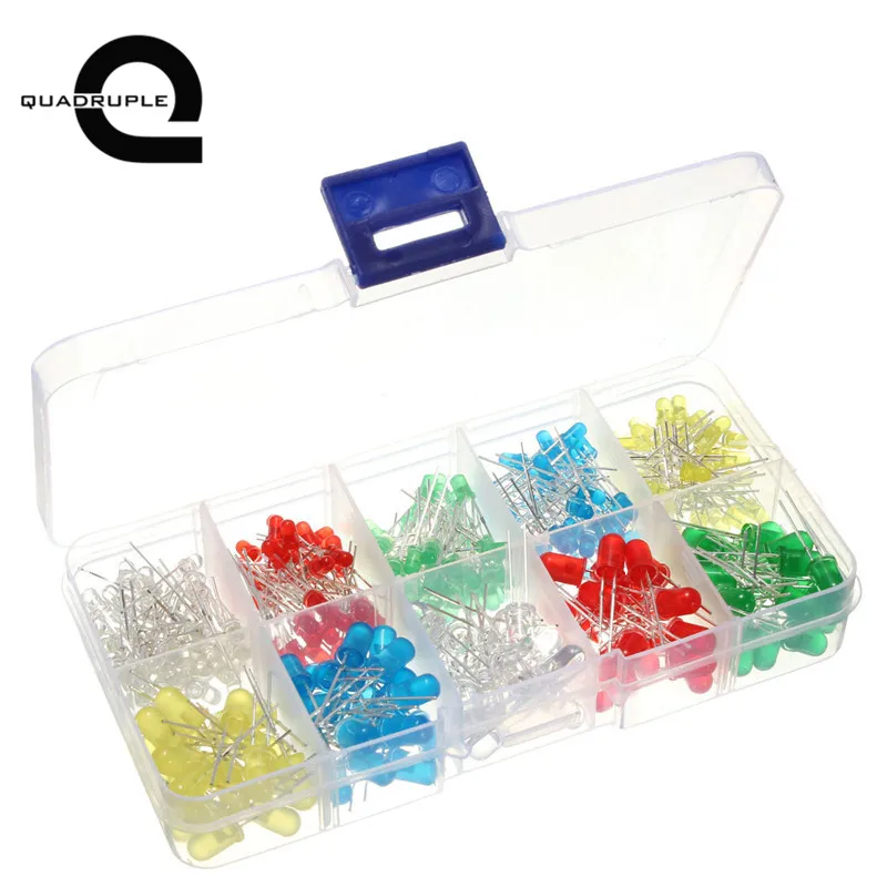 

Quadruple 200Pcs 3mm 5mm LED Light Assortment Glowing Diodes Kit With Box White Yellow Red Blue Green LED Lamp Light Beads