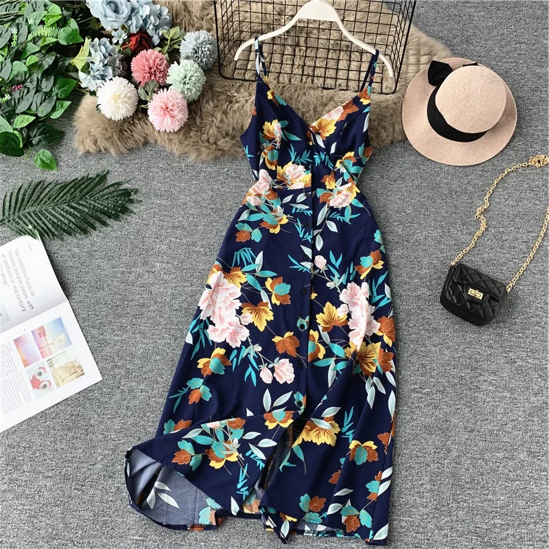 

Holiday Bohemian Printed Sling Dress Summer 2019 New Single Button Women Beach Sexy Chiffon Vestidos