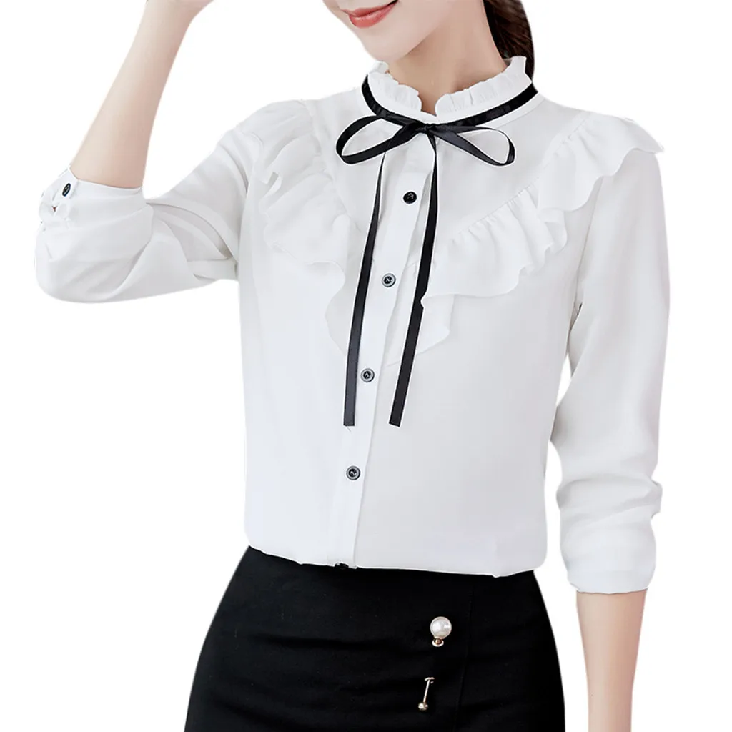 

New 2018 Summer Pearl Work Femal Clothing Women Work Office Long Sleeve Bow Tie Ruffles Solid Chiffon Tee Shirt TopY410