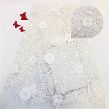 

2019 High Quality white beads French Mesh Lace Gold African 3D Lace Fabric Sewing Accessories Nigerian Lace For Dedding Dress