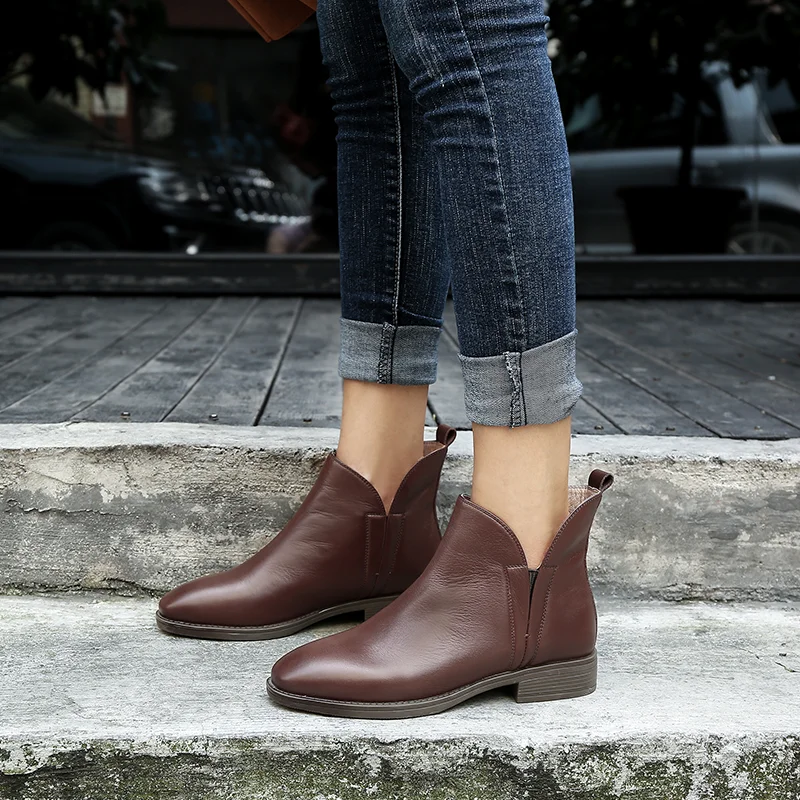 

YMECHIC 2018 Autumn Spring Elastic Low Block Chunky Heels Ankle Boots Genuine Leather Black Brown Chelsea Boot Womens Shoes