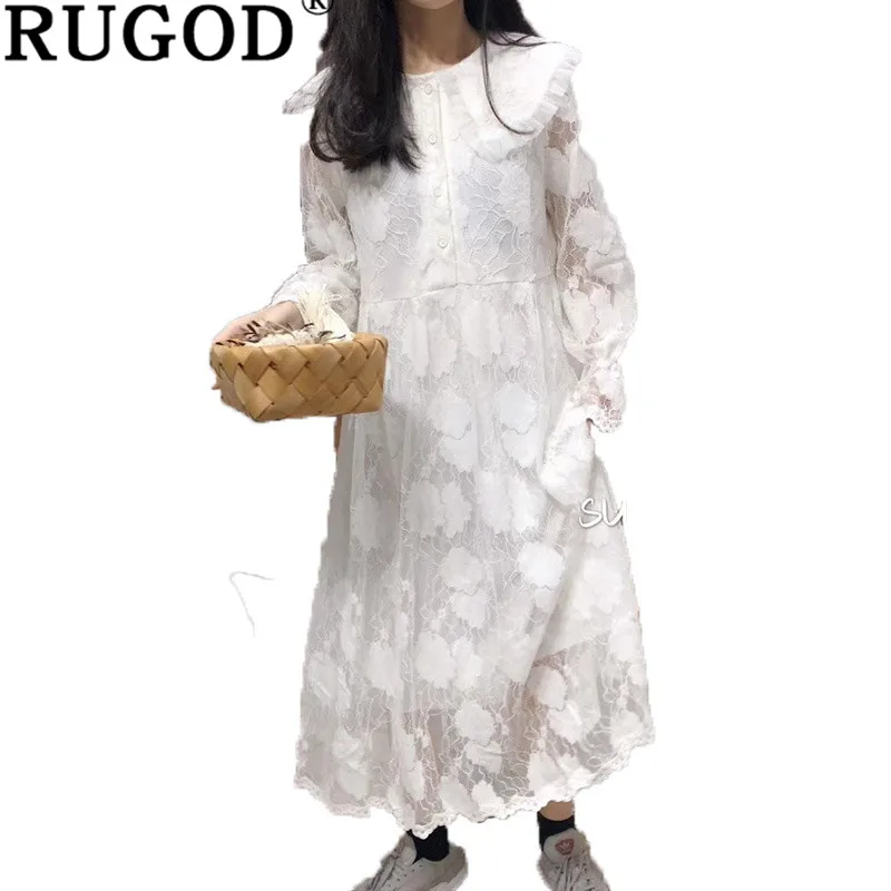 

RUGOD Elegant spring long lace dress Flare sleeve straight Loose party dresses female Peter pan collar sweet Boho dress Vestido