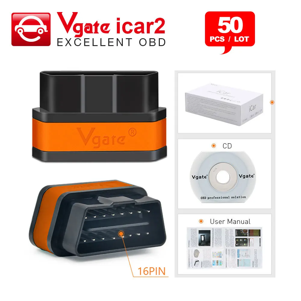 50 шт Vgate icar2 Bluetooth/Wi-Fi OBD2 инструмент диагностики ELM327 bluetooth-сканер мини ELM327 Wi-Fi для Android/PC/IOS код читателя