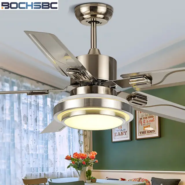 Us 308 94 5 Off Bochsbc Stainless Steel Ceiling Fan Light For Dininig Room Living Room Simple Modern Fan Light With Led Bulb And Wood Leaves In