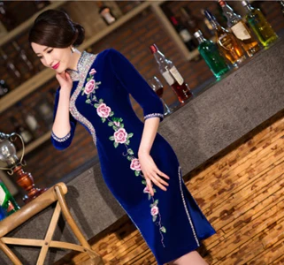 Высококачественное Брендовое Новое поступление, вышитое вручную женское велюровое длинное платье, расшитое блестками, Размеры s m l xl XXL 3XL 4XLRY8221 - Цвет: blue midsleeve short
