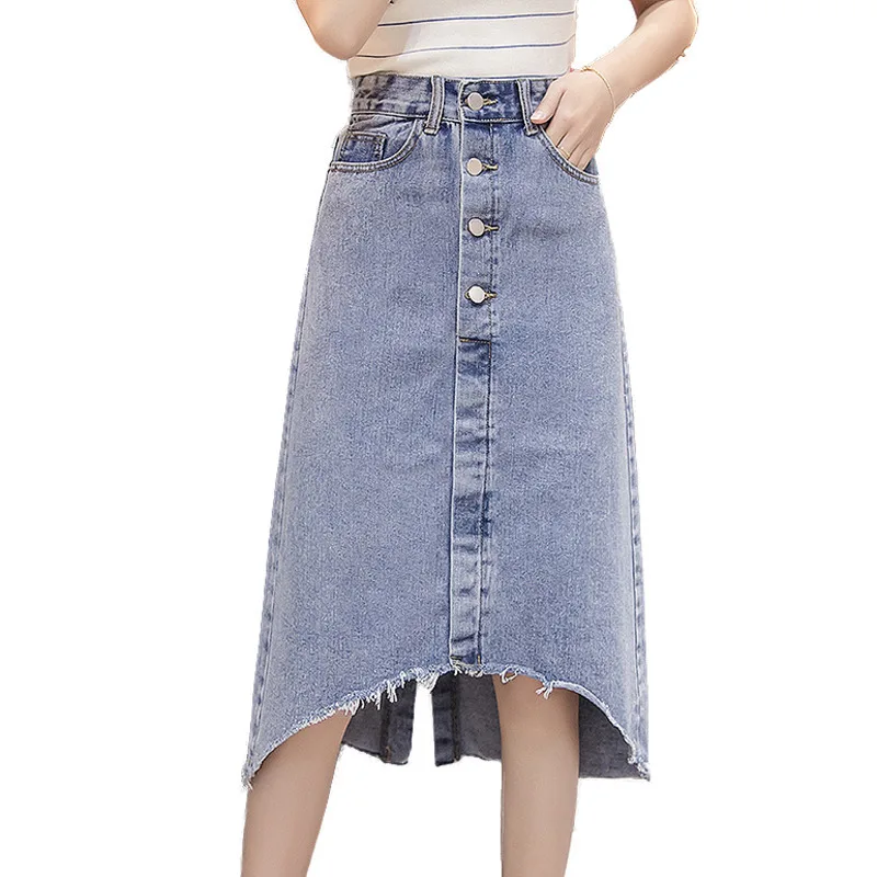New Fashion Women Summer Denim Skirts High Waist Button Asymmetrical