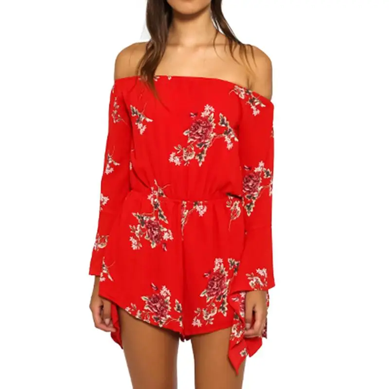 New Women Fashion Sexy Printed Backless Short Overalls Romper Jumpsuit Off Shoulder Long Sleeve Beach Loose Summer Playsuit | Женская