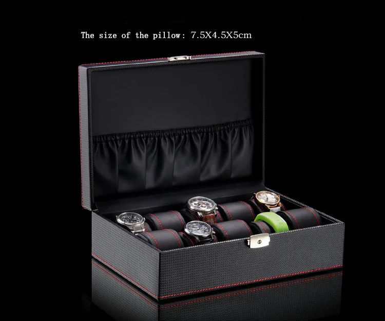 Верх, из PU искусственного материала PU кожаный футляр для наручных часов с окном черный 10 сетки коробки для хранения часов Брендовые Часы Дисплей коробка часы в подарочной коробке B038