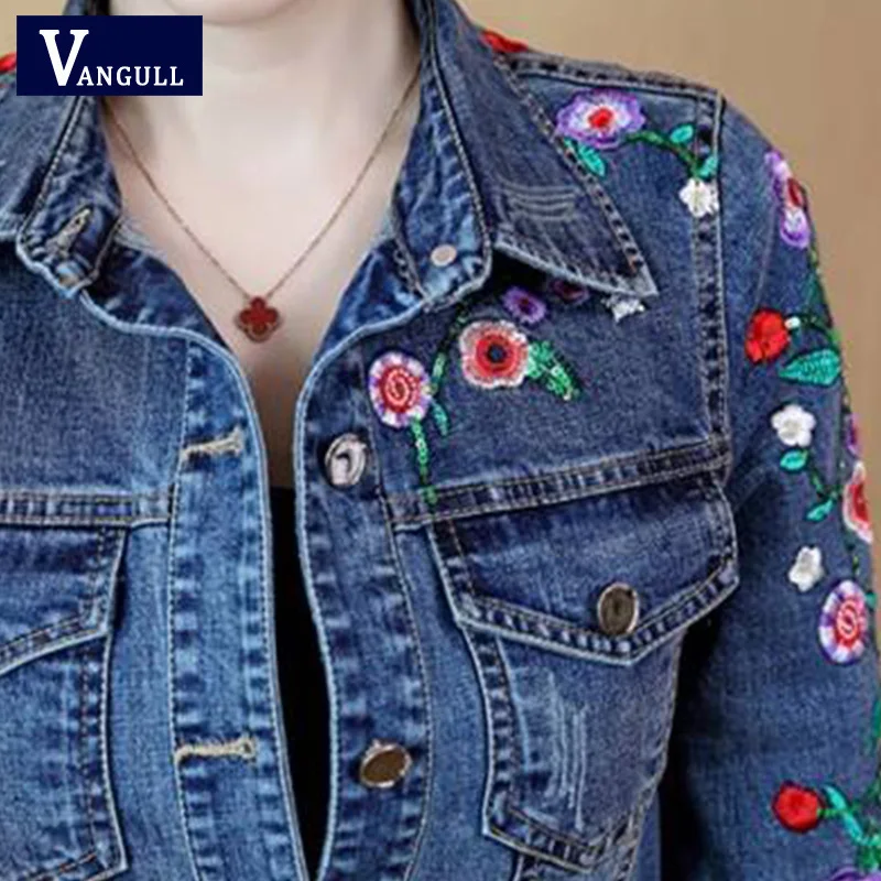 incredible  Vangull Plus Size 5XL Floral Women Denim Coat Embroidery Short Basic Ladies Jean Jacket Slim Flower