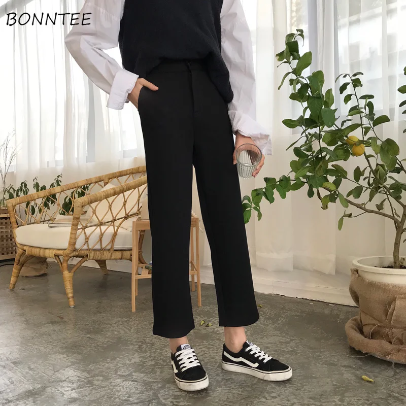 

Pants Women Solid Pockets Chic Korean Style Elegant Leisure Trousers Daily Soft Student All-match Womens High Waist Straight