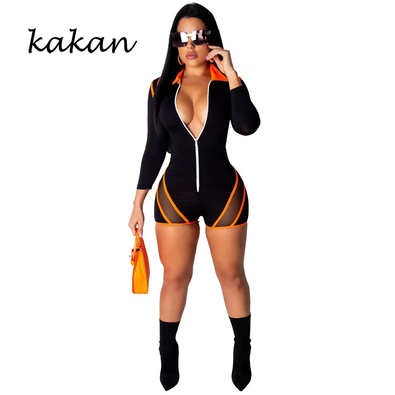 

Kakan new women's fashion jumpsuit fluorescent color stitching mesh sexy slim bodysuit