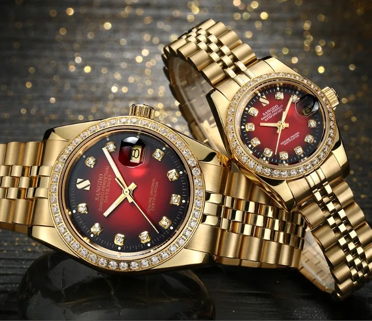 ORIGINAL  SANGDO Black- red dial Automatic Self-Wind movement High quality Luxury Couples watch Plating 18KY 