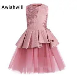Новое поступление розовый платья для девочек с цветочным узором 2019 без рукавов атлас с кружевом с бусинами Тюль Lline короткое платье