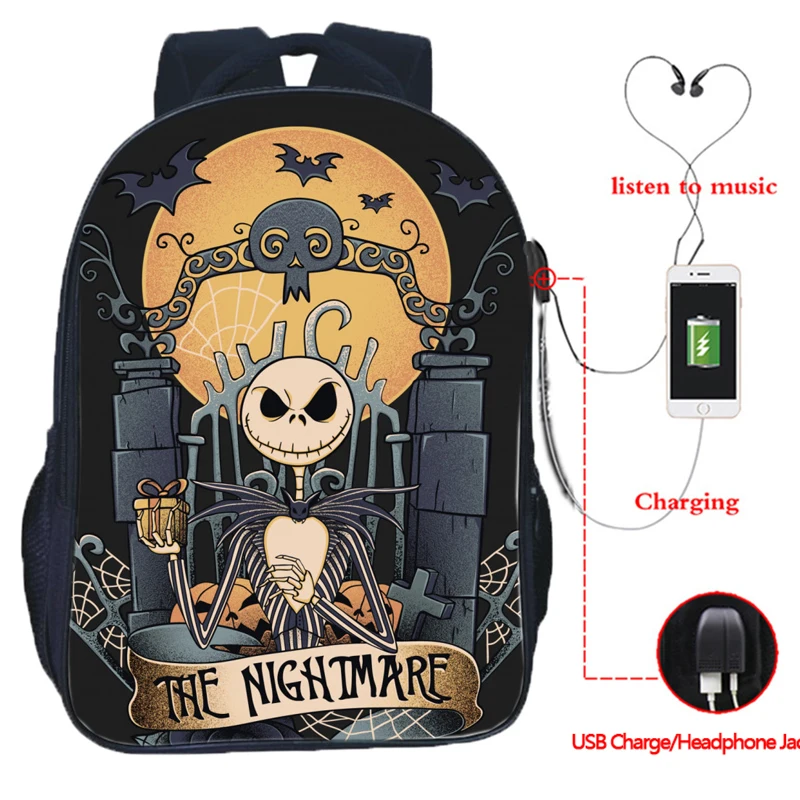 The Nightmare Before Christmas Backpack USB Charging Backpack Jack Skellington School Bag Backpacks Multifunctional Travel Bags - Цвет: 21