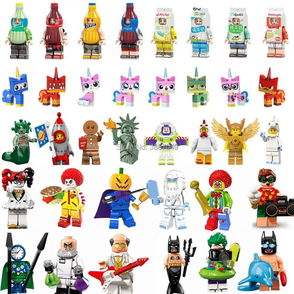 

Figurine Limited Cute Cat Milk Drink Batman Robin Joker Halloween Medusa Gingerbread Man Figurines Toys for Children Legoings