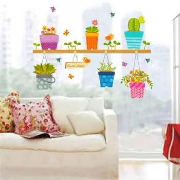 

Garden Pot Flower Bonsai Birds Plant Wall Sticker Home Decoration Mural Decal Living Room Bedroom Window Decor