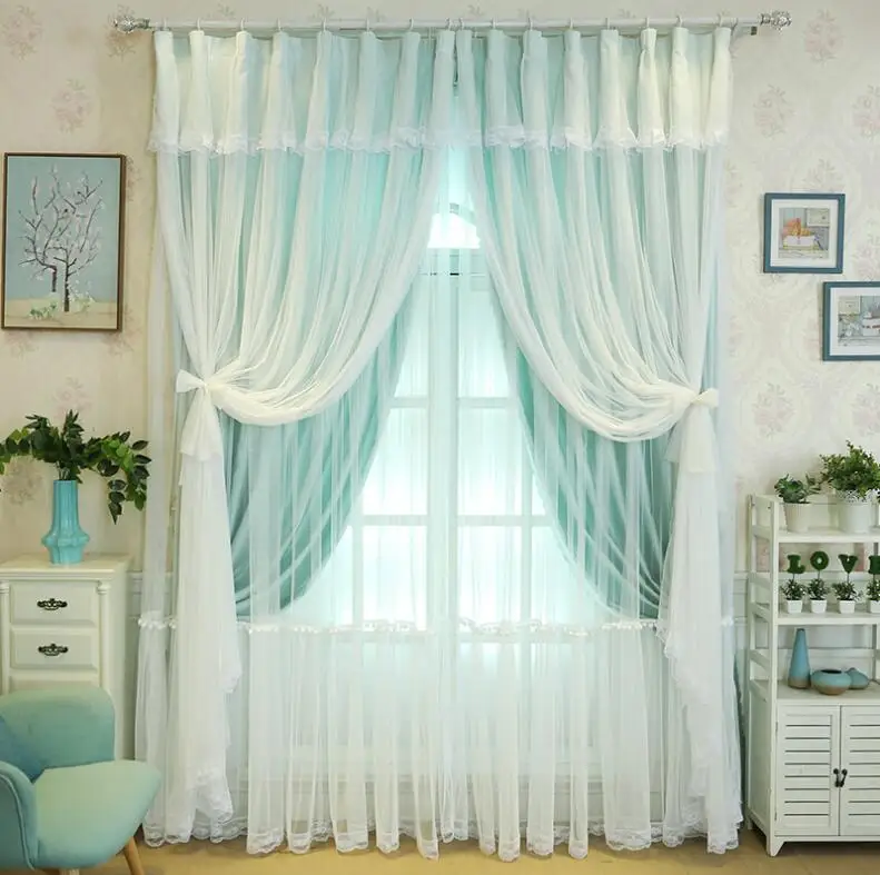 European Embroidery 2 Layers Tulle+Black Out Double Curtains with Tassel High Black Out Blinds Window Curtain for princess house