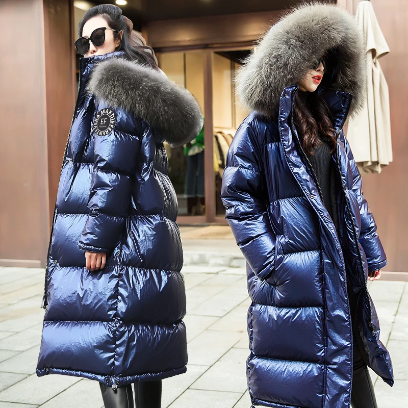Женский пуховик, новинка, зимнее пальто с большим воротником из натурального меха, Женская Длинная утепленная парка с капюшоном, YRF14 - Цвет: Blue and gray Fur