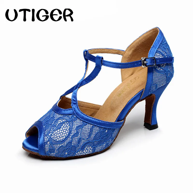 Blue Satin Women Latin Dancing Shoes Lady Ballroom Dance Shoes High