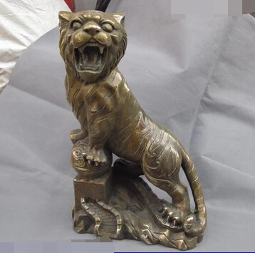 

002908 38cm Chinese Folk Copper Bronze Feline animal ferocious tiger on mountain Statue