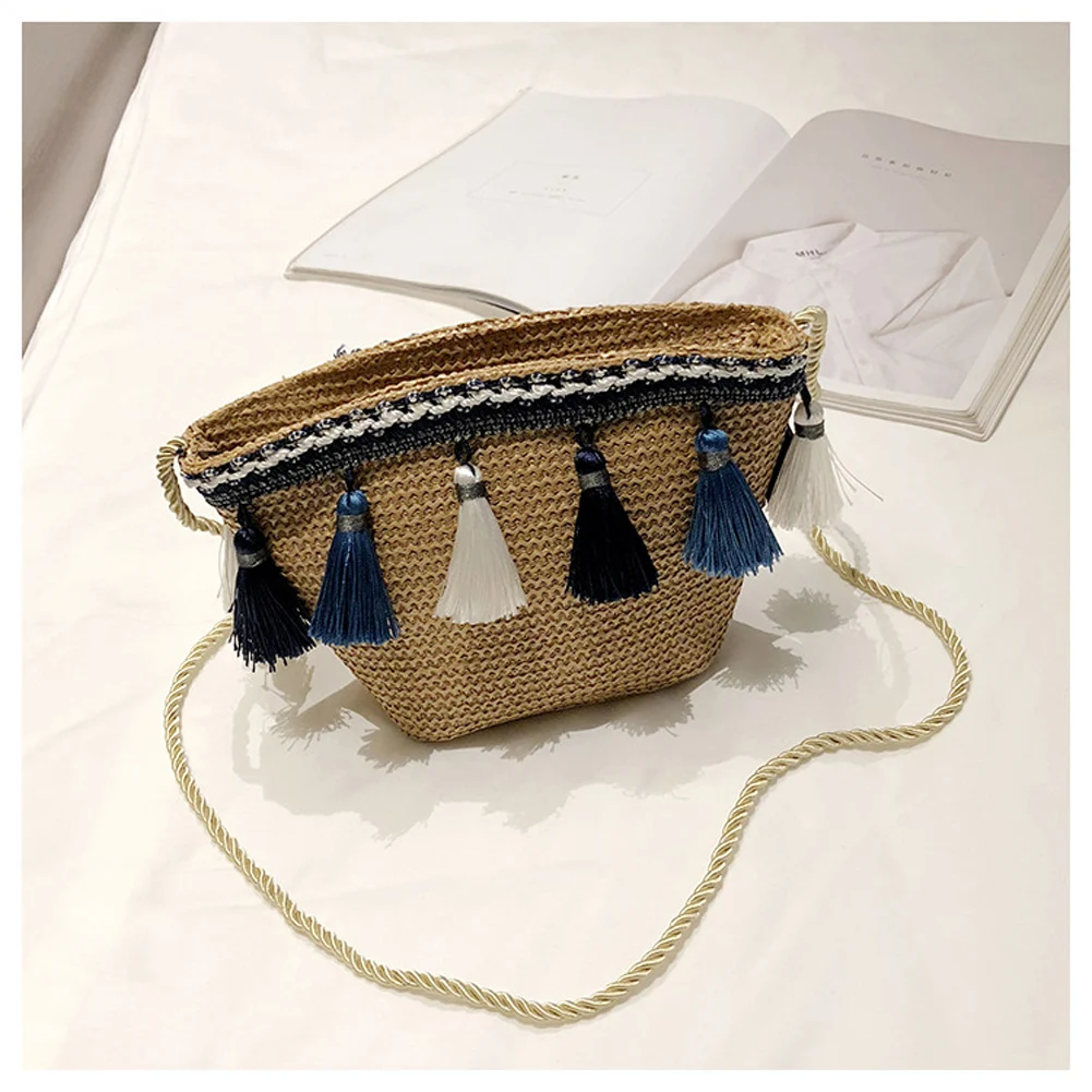 Новейшая популярная летняя Женская тканая соломенная сумка с бахромой в этническом стиле, сумка через плечо, сумка-мессенджер, сумка-тоут, сумочка с кисточками