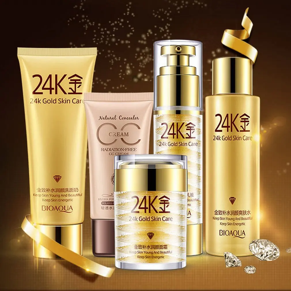 5pcs/set 24K Gold skin care essence face cream lotion facial emulsion