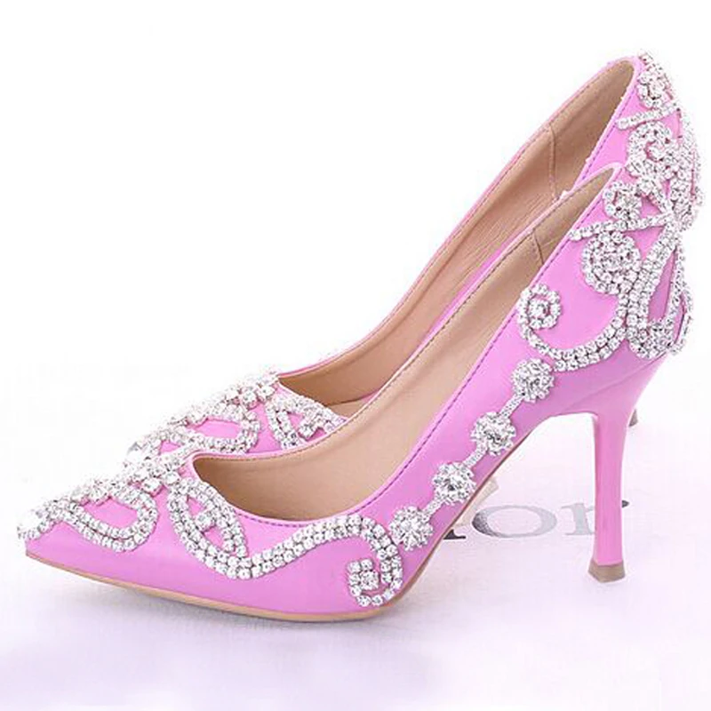 

Glamorous Popular Pink Wedding Shoes Bridal Party High Heels with Rhinestone Pointed Toe Three Inch Party Prom Heels