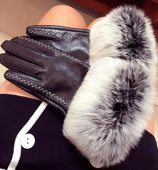 Для женщин осень-зима теплая из натуральной овчины кожаная женские зимние перчатки для сенсорного экрана с кроличьим мехом водительские перчатки R1103
