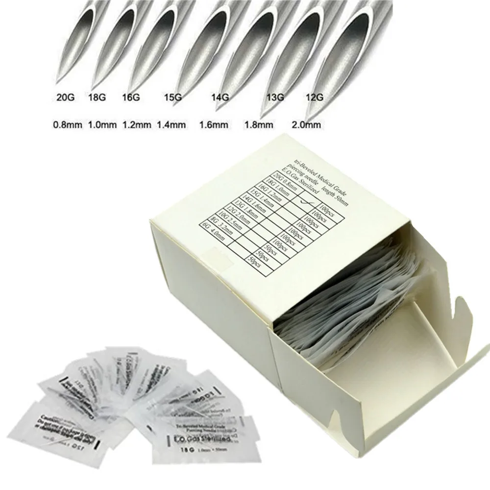 

100pcs/Box 13G Sterile Steel Disposable Body Piercing Needles Assorted Sizes Supply -- BPND-13G