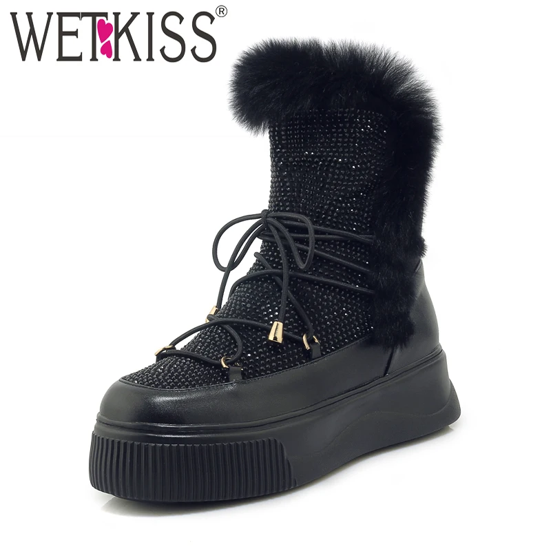 

WETKISS Cow Leather Ankle Women Boots Round Toe Crystal Footwear Fur Platform Female Boot Fashion Cross Tied Shoes Women 2018