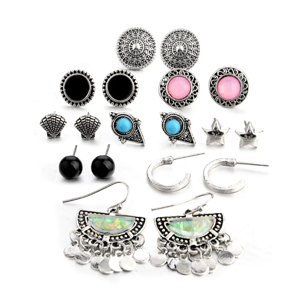 Fashion accessories vintage alloy stone shell stars circle fan-shaped tassel ear studs 9 pairs of earrings set for women jewelry | Украшения