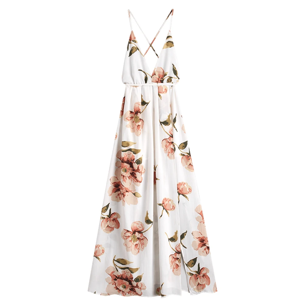 ZAFUL Платье макси с цветочным принтом с разрезом и ремешком с завышенной талией Платье Бохо с высокой талией Пляжные платья с открытой спиной - Цвет: White