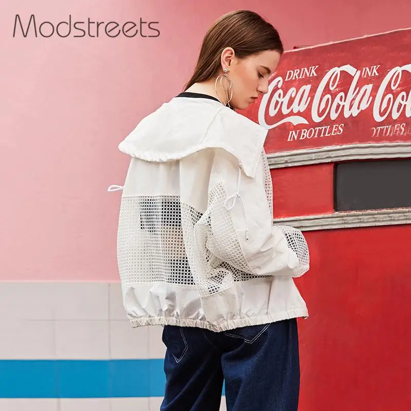 Modstreets Hollow Out Women Basic Jacket Solid White Drawstring Transparent Zipper Casual Thin Slim Autumn Coat Bomber Jacket