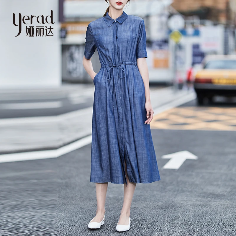 

YERAD Women's Denim Dress Summer Tencel Shirt Dress Waistband Waist Lyocell Denim Dress Pleated Dress