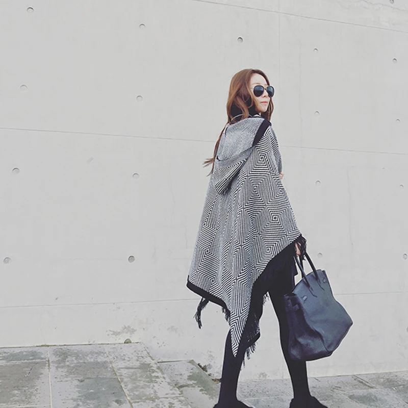 New Scarf Women font b Tartan b font stripe Geometric pattern Tassels scarves hooded cloak desigual