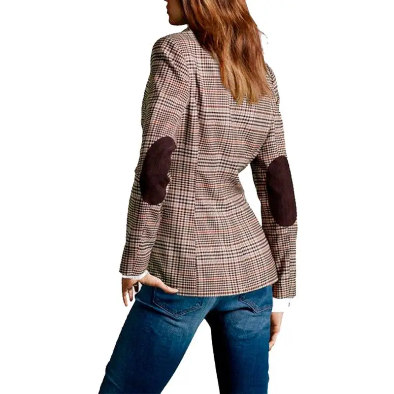 

British Style Slim Classic Small Plaid Suit Patch Elbow Lapel Women Suit Coat Casual Formal Office Lady Single Breasted